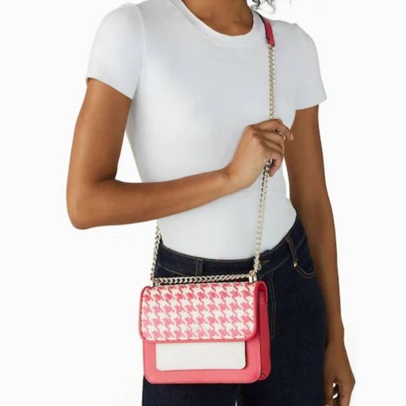 kate spade Handbags - Kate Spade Women's Remi Houndstooth Flap Chain Crossbody Bag, Pink and White